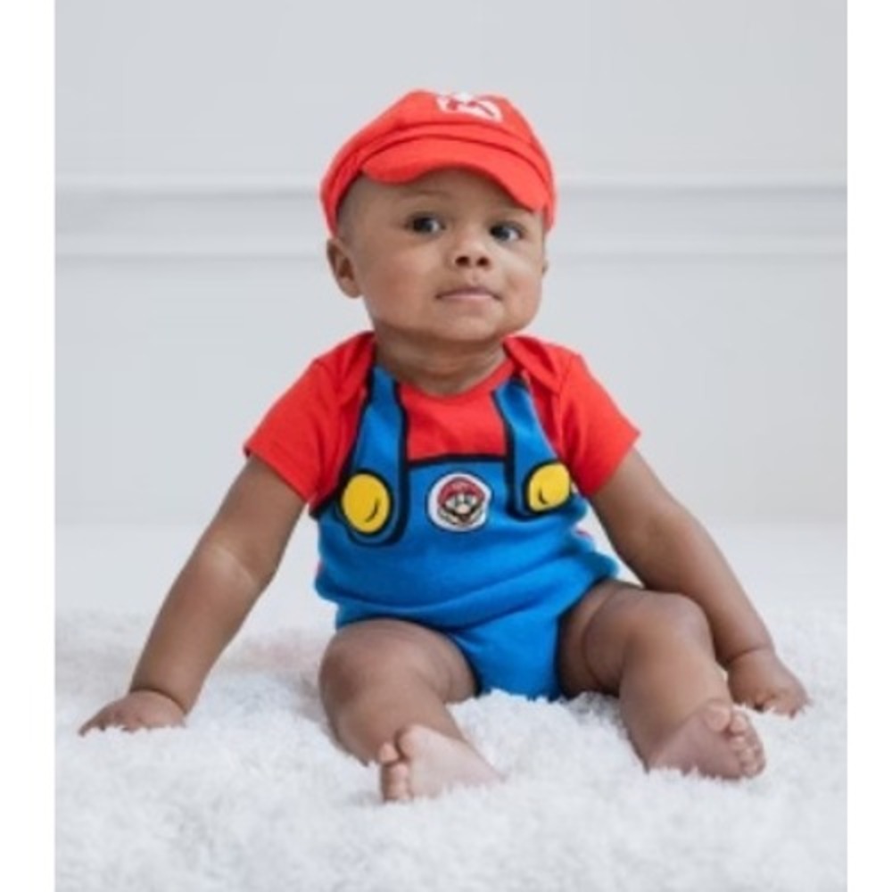 Nintendo Super Mario Bodysuit Hat Set Kids 0-3M Red Blue Costume Outfit